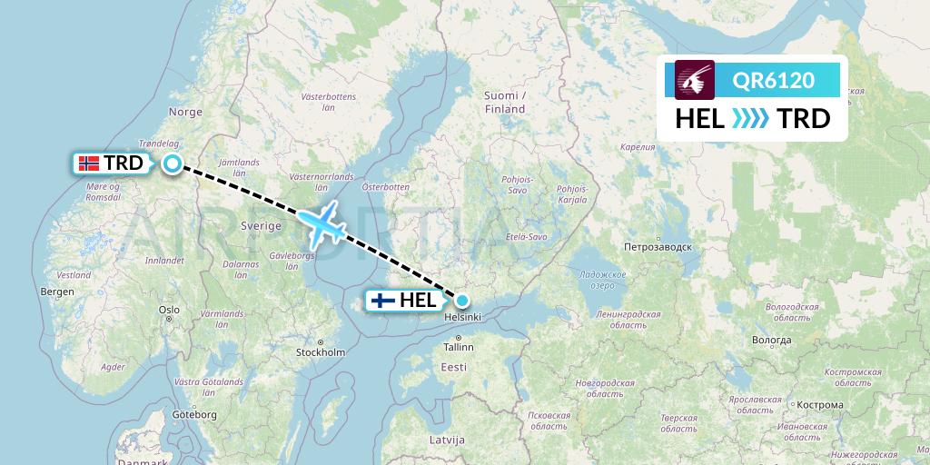 QR6120 Qatar Airways Flight Map: Helsinki to Trondheim
