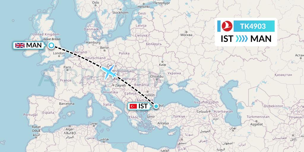 TK4903 Turkish Airlines Flight Map: Istanbul to Manchester