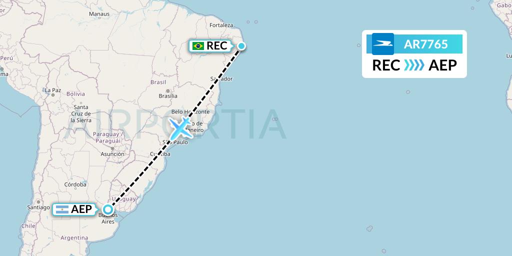 AR7765 Aerolineas Argentinas Flight Map: Recife to Buenos Aires