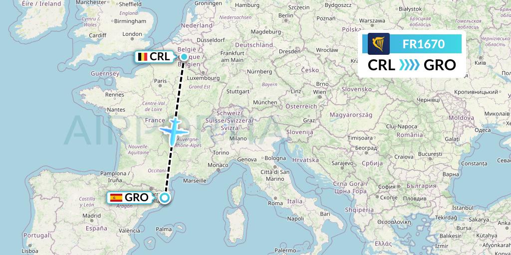 FR1670 Ryanair Flight Map: Brussels to Girona