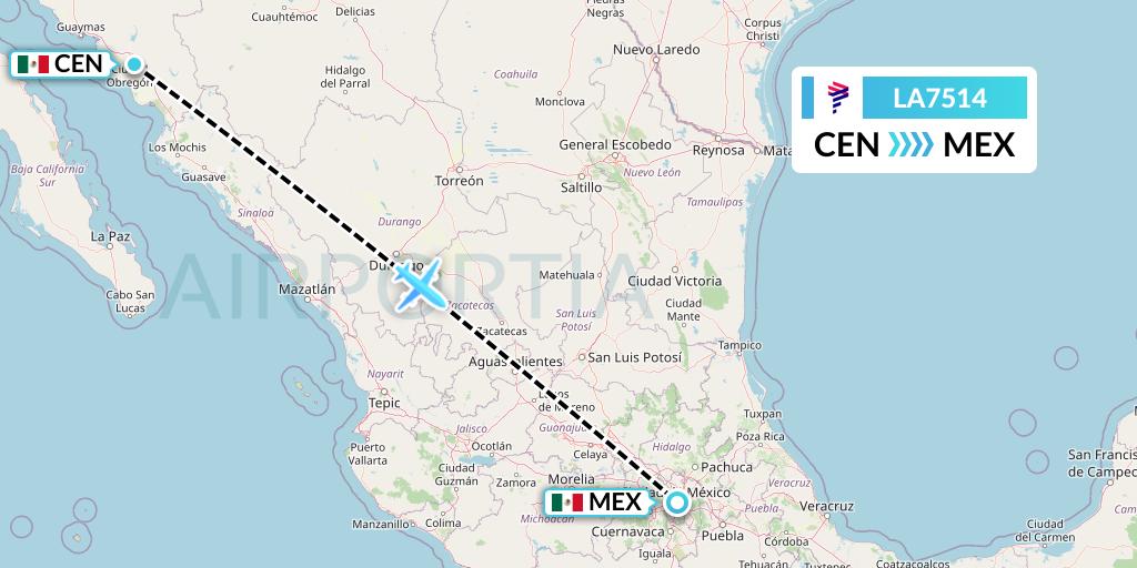LA7514 LAN Airlines Flight Map: Ciudad Obregon to Mexico City