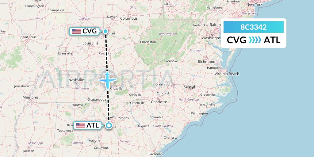 8C3342 Air Transport International Flight Map: Cincinnati to Atlanta