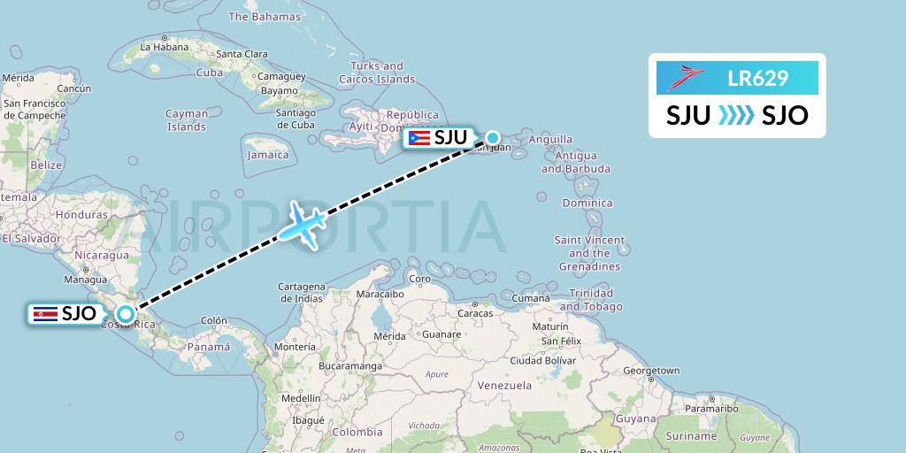 LR629 Lacsa Flight Map: San Juan to San Jose