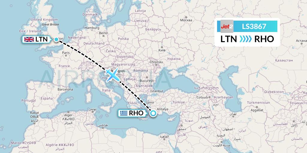 LS3867 Jet2 Flight Map: London to Rhodes