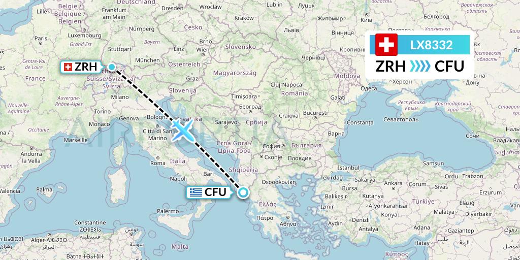 LX8332 Swiss Flight Map: Zurich to Corfu