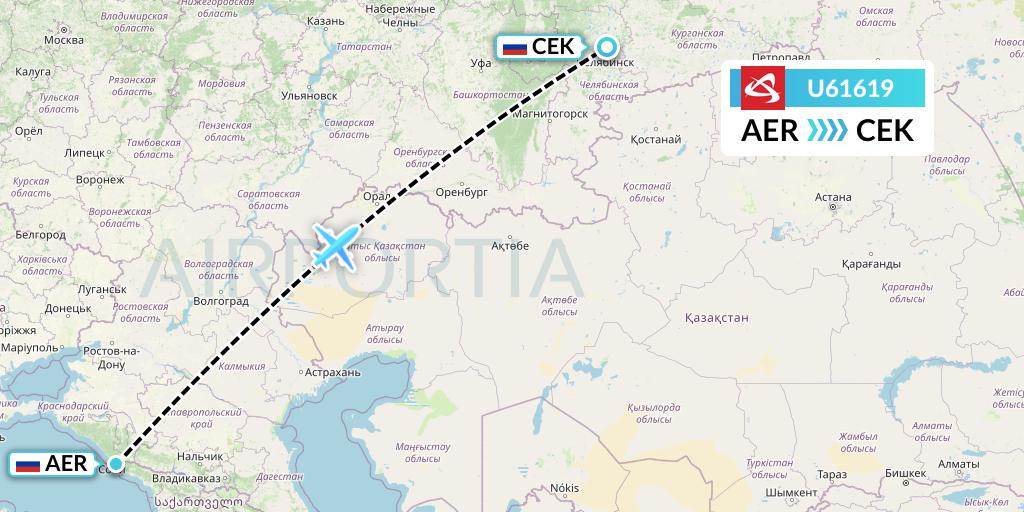 U61619 Ural Airlines Flight Map: Sochi to Chelyabinsk