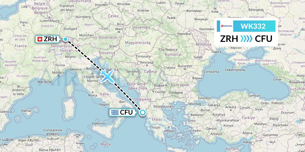 WK332 Edelweiss Air Flight Map: Zurich to Corfu