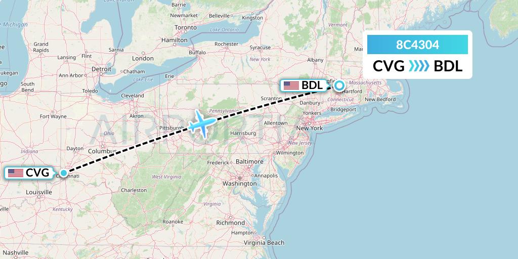 8C4304 Air Transport International Flight Map: Cincinnati to Windsor Locks