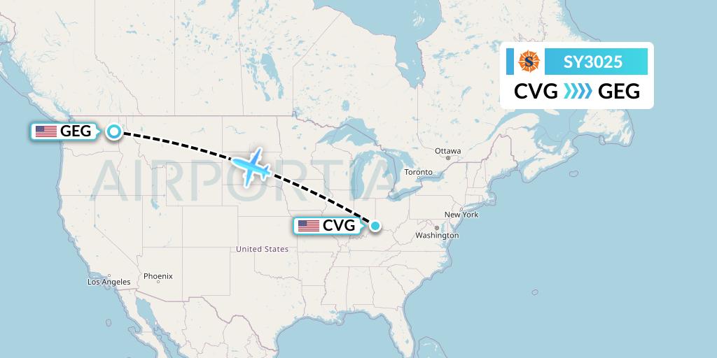 SY3025 Sun Country Airlines Flight Map: Cincinnati to Spokane