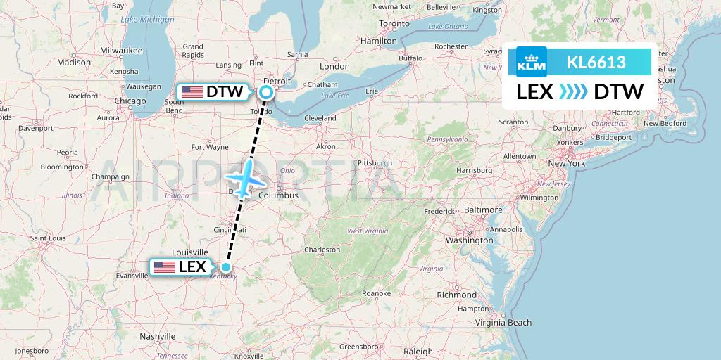 KL6613 KLM Flight Map: Lexington to Detroit