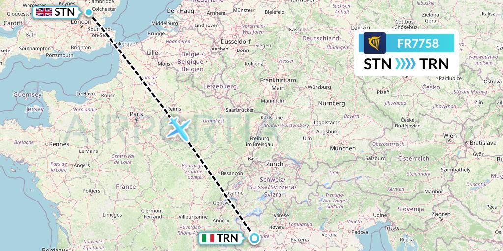 FR7758 Ryanair Flight Map: London to Turin