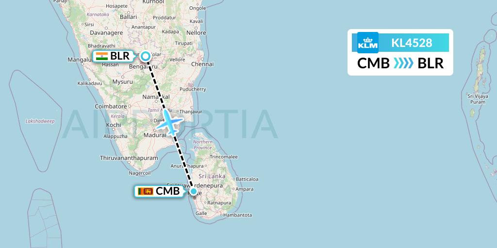 KL4528 KLM Flight Map: Colombo to Bangalore