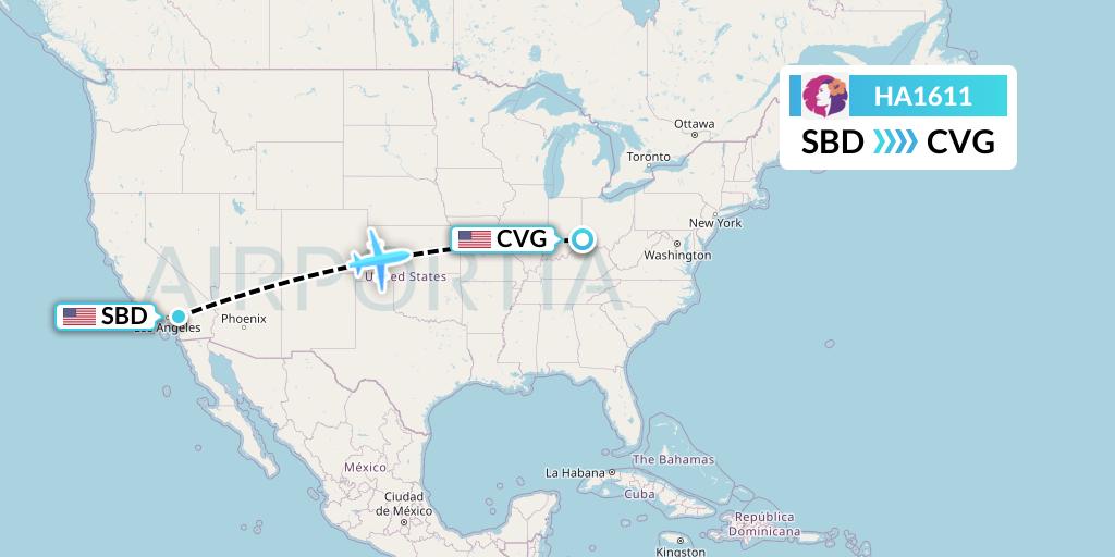 HA1611 Hawaiian Airlines Flight Map: San Bernardino to Cincinnati