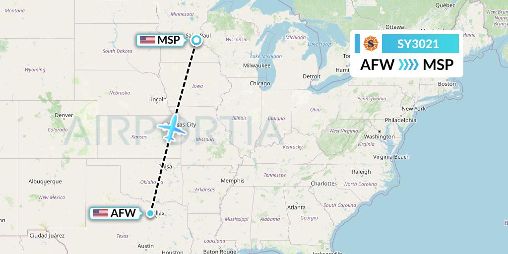 SY3021 Sun Country Airlines Flight Map: Fort Worth to Minneapolis