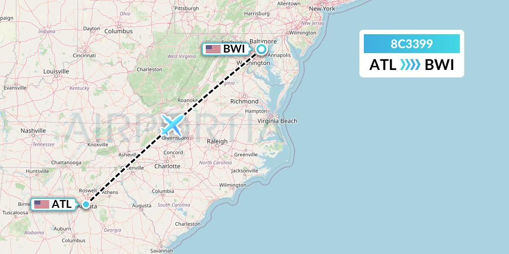 8C3399 Air Transport International Flight Map: Atlanta to Baltimore