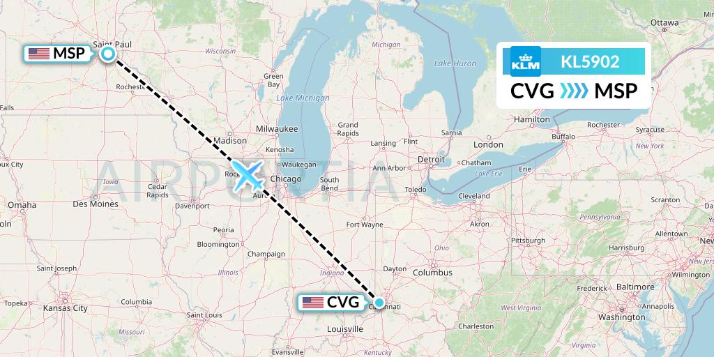 KL5902 KLM Flight Map: Cincinnati to Minneapolis