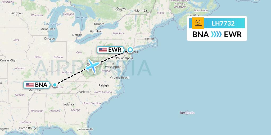 LH7732 Lufthansa Flight Map: Nashville to New York
