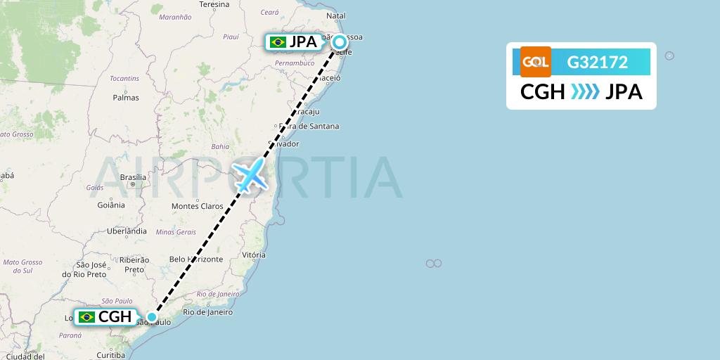 G32172 GOL Transportes Aeros Flight Map: Sao Paulo to Joao Pessoa