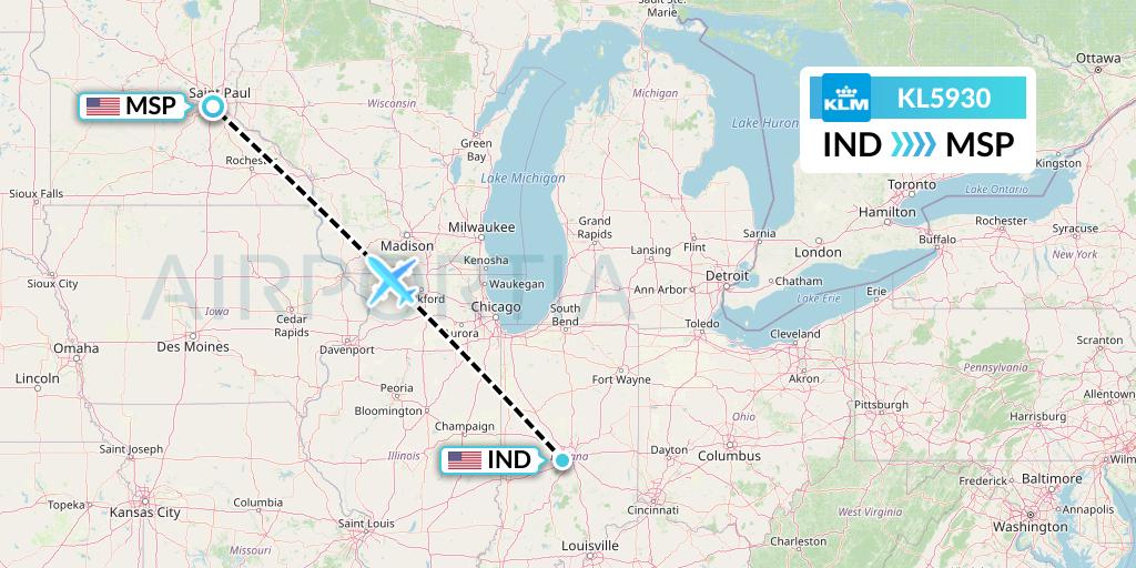 KL5930 KLM Flight Map: Indianapolis to Minneapolis