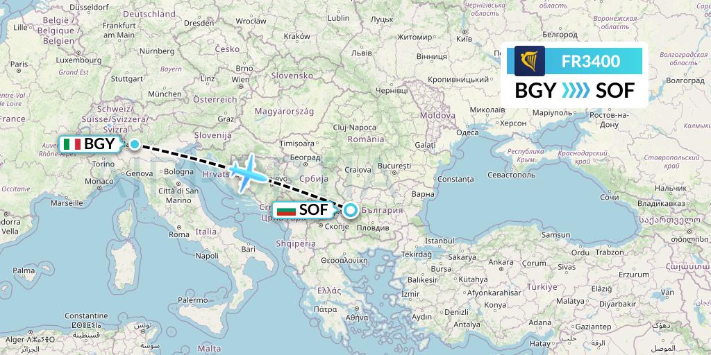 FR3400 Ryanair Flight Map: Milan to Sofia