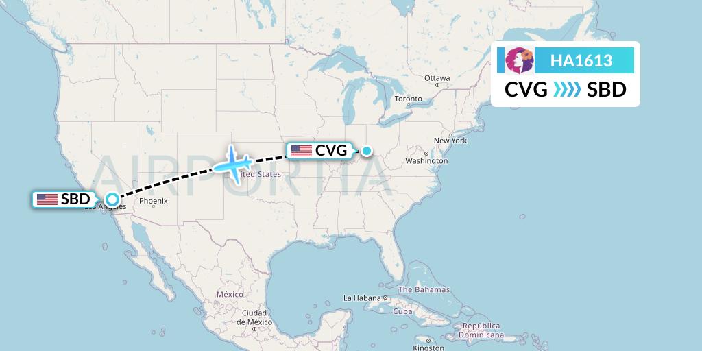 HA1613 Hawaiian Airlines Flight Map: Cincinnati to San Bernardino