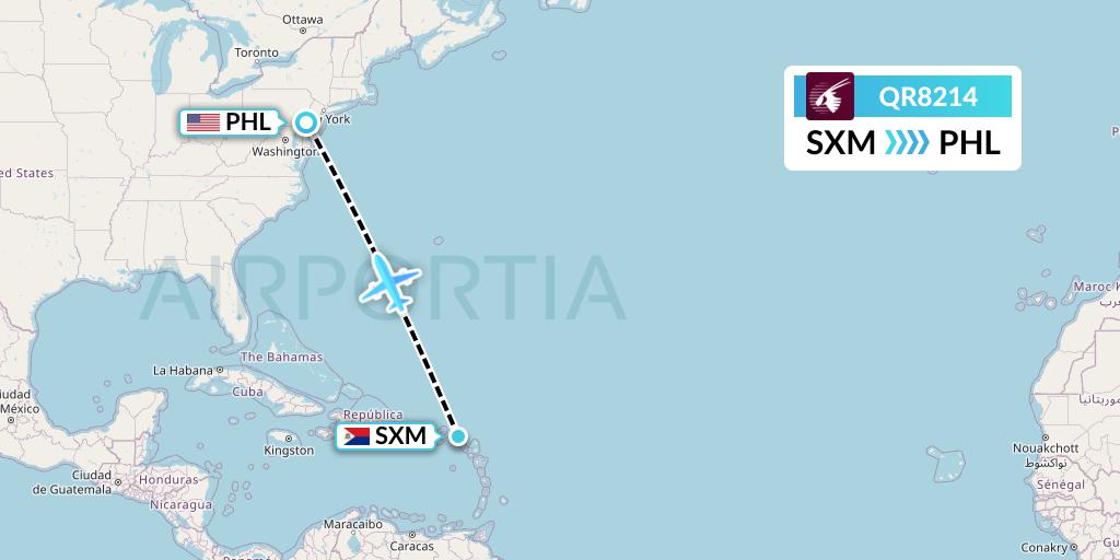 QR8214 Qatar Airways Flight Map: Sint Maarten to Philadelphia