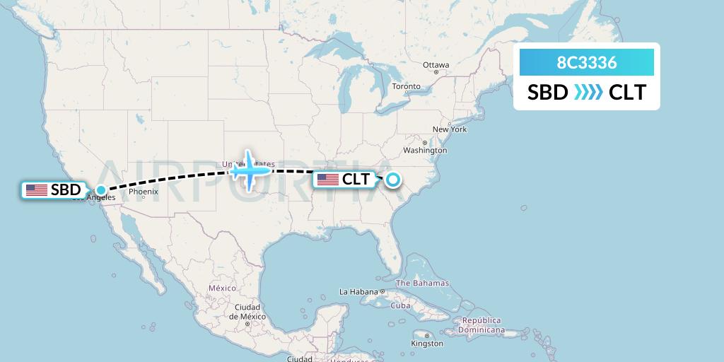 8C3336 Air Transport International Flight Map: San Bernardino to Charlotte