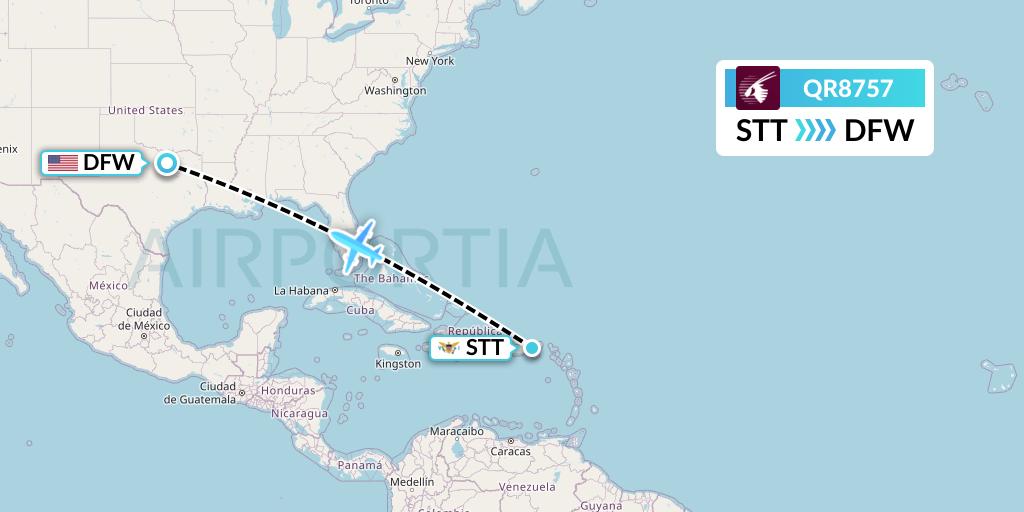 QR8757 Qatar Airways Flight Map: St. Thomas to Dallas
