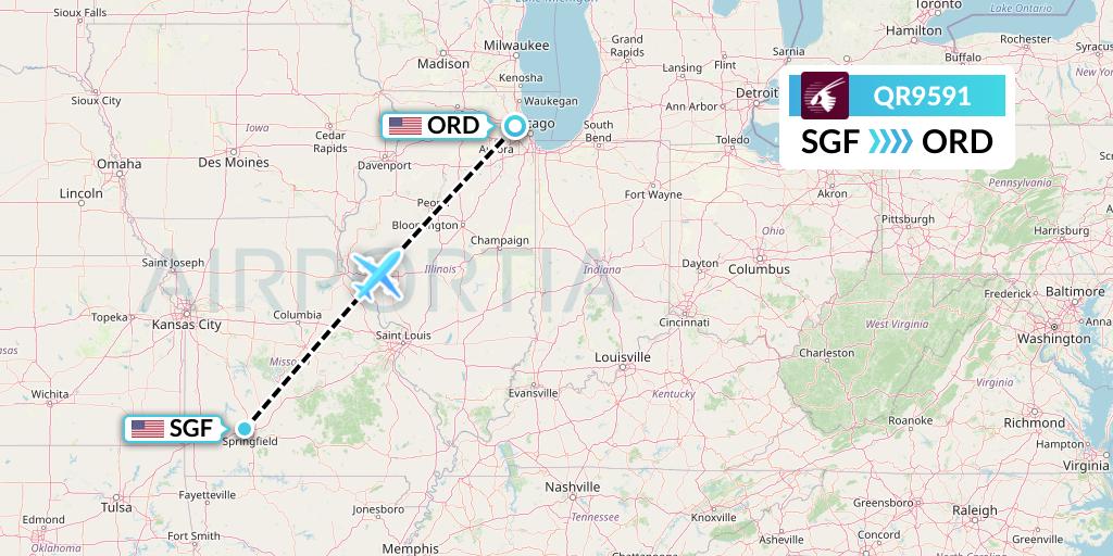 QR9591 Qatar Airways Flight Map: Springfield to Chicago