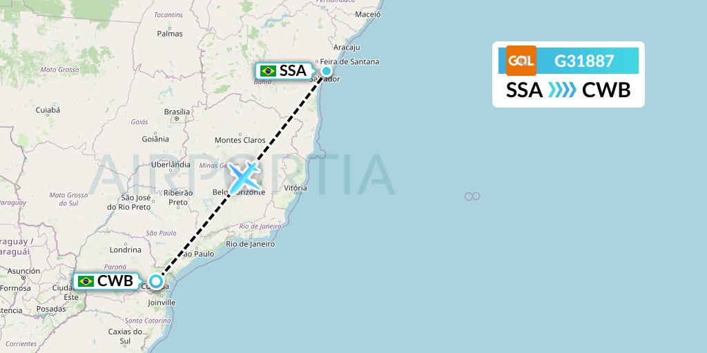 G31887 GOL Transportes Aeros Flight Map: Salvador to Curitiba