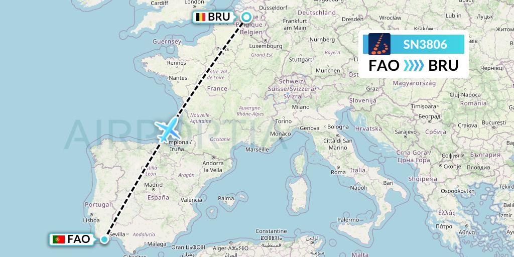 SN3806 Brussels Airlines Flight Map: Faro to Brussels