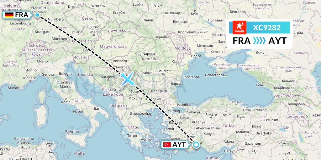 XC9282 Corendon Airlines Flight Map: Frankfurt to Antalya