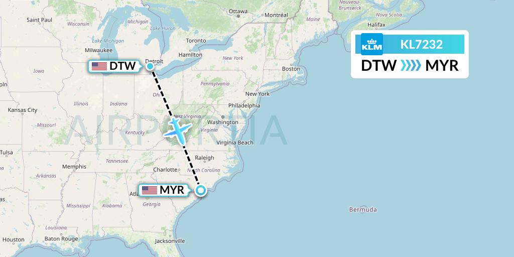 KL7232 KLM Flight Map: Detroit to Myrtle Beach
