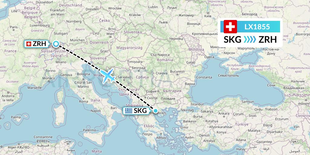 LX1855 Swiss Flight Map: Thessaloniki to Zurich