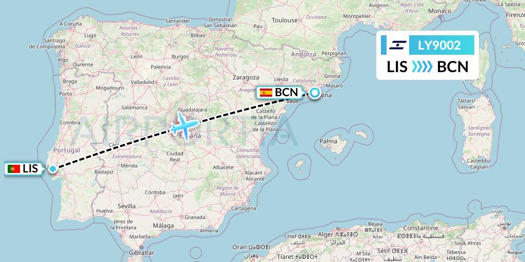 LY9002 El Al Flight Map: Lisbon to Barcelona