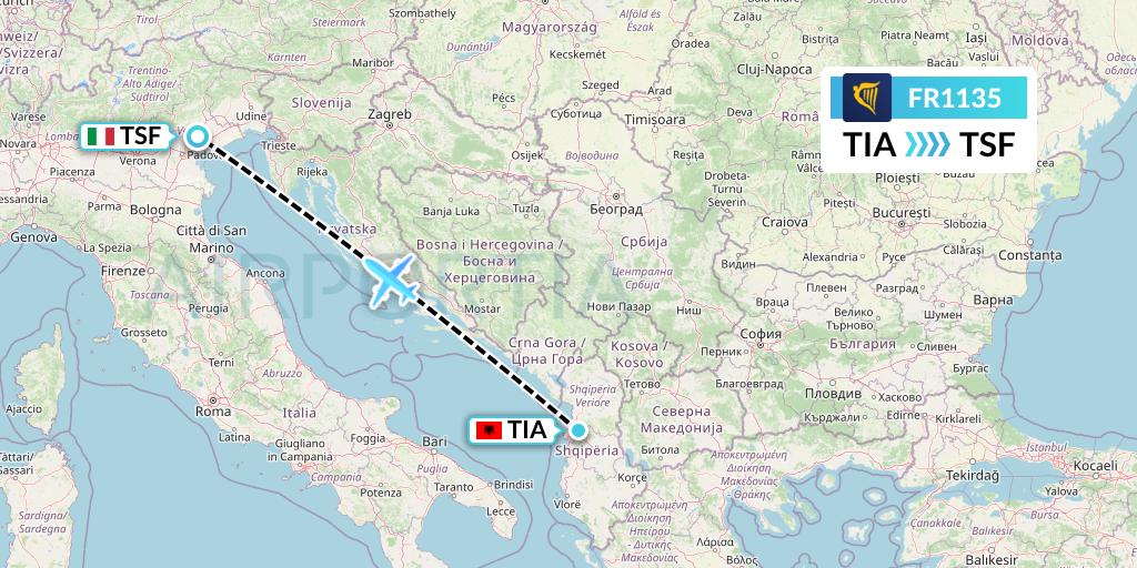 FR1135 Ryanair Flight Map: Tirana to Treviso