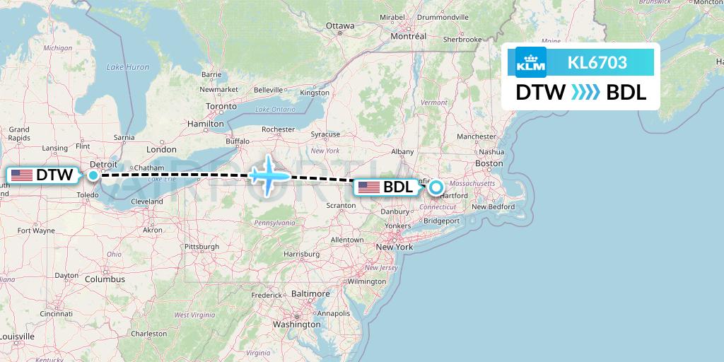 KL6703 KLM Flight Map: Detroit to Windsor Locks