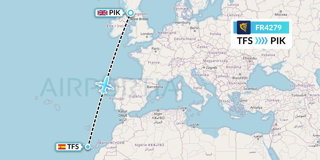 FR4279 Ryanair Flight Map: Tenerife to Prestwick