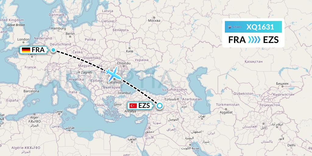 XQ1631 SunExpress Flight Map: Frankfurt to Elazig