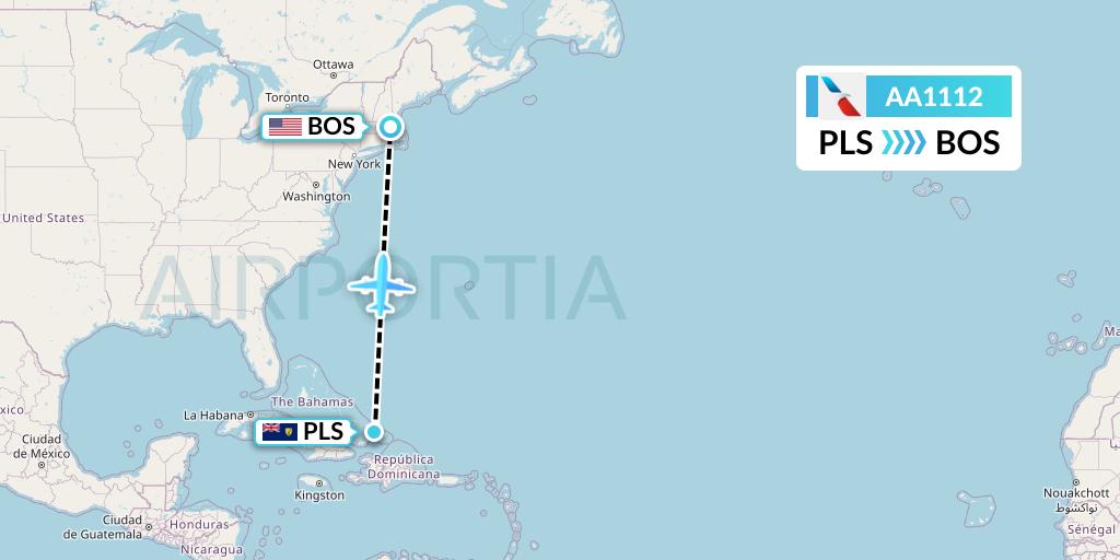 AA1112 American Airlines Flight Map: Providenciales to Boston