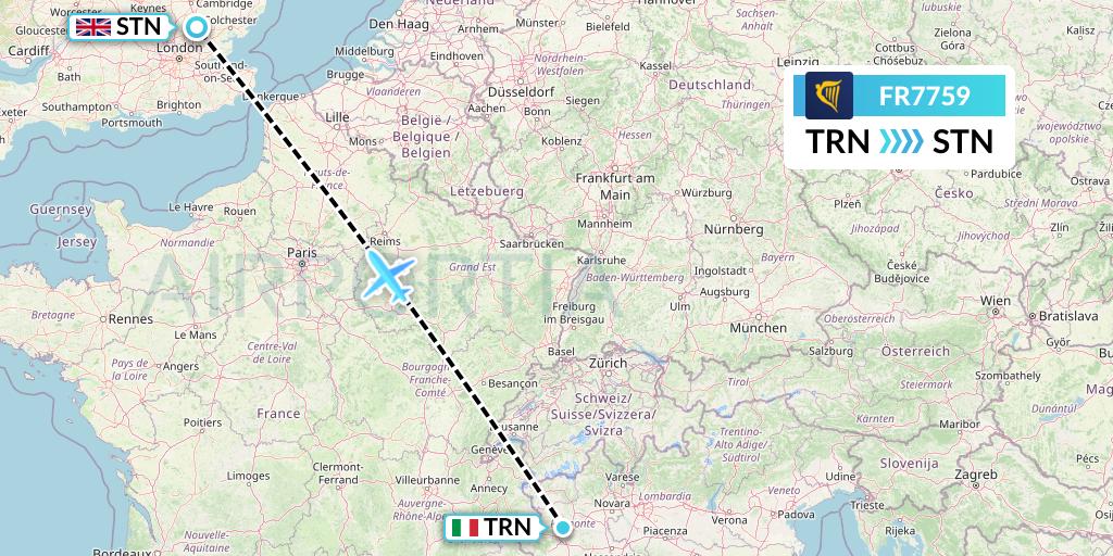 FR7759 Ryanair Flight Map: Turin to London