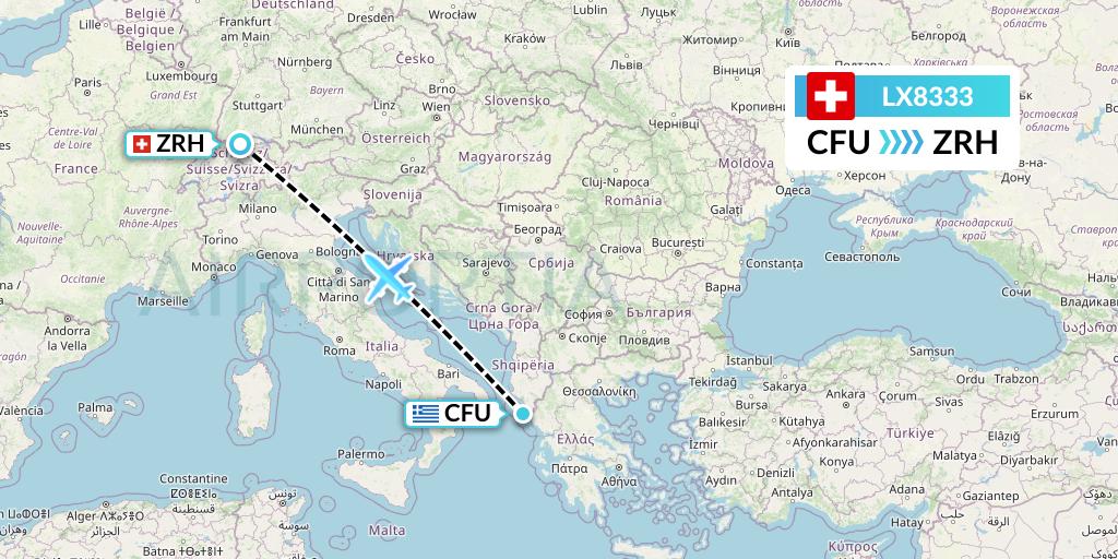 LX8333 Swiss Flight Map: Corfu to Zurich