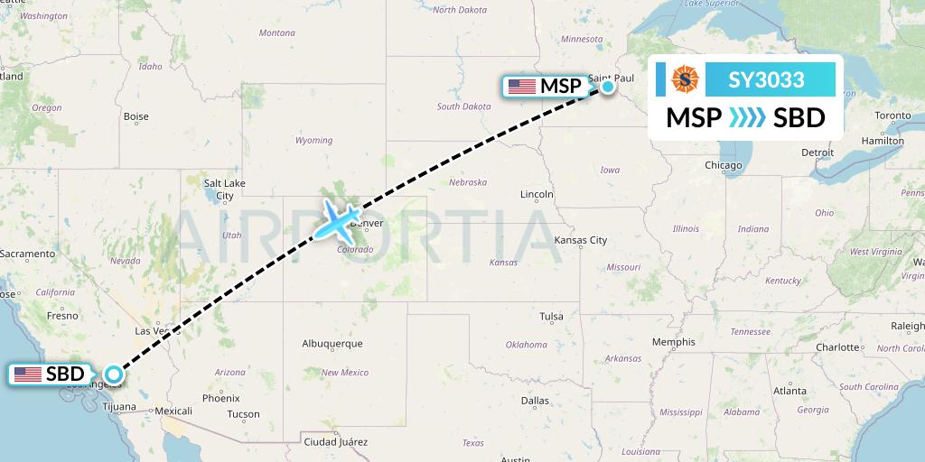 SY3033 Sun Country Airlines Flight Map: Minneapolis to San Bernardino