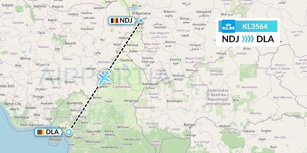 KL3564 KLM Flight Map: N'Djamena to Douala