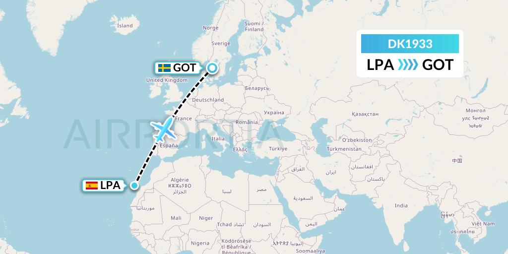 DK1933 Thomas Cook Airlines Scandinavia Flight Map: Las Palmas to Gothenburg