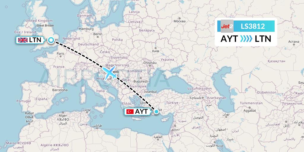 LS3812 Jet2 Flight Map: Antalya to London