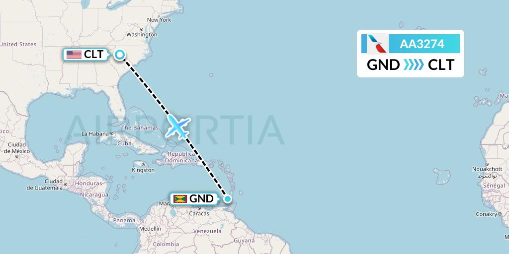AA3274 American Airlines Flight Map: Point Salines to Charlotte