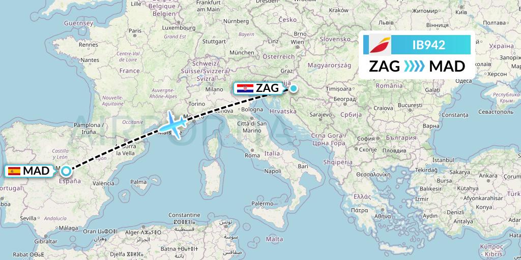 IB942 Iberia Flight Map: Zagreb to Madrid