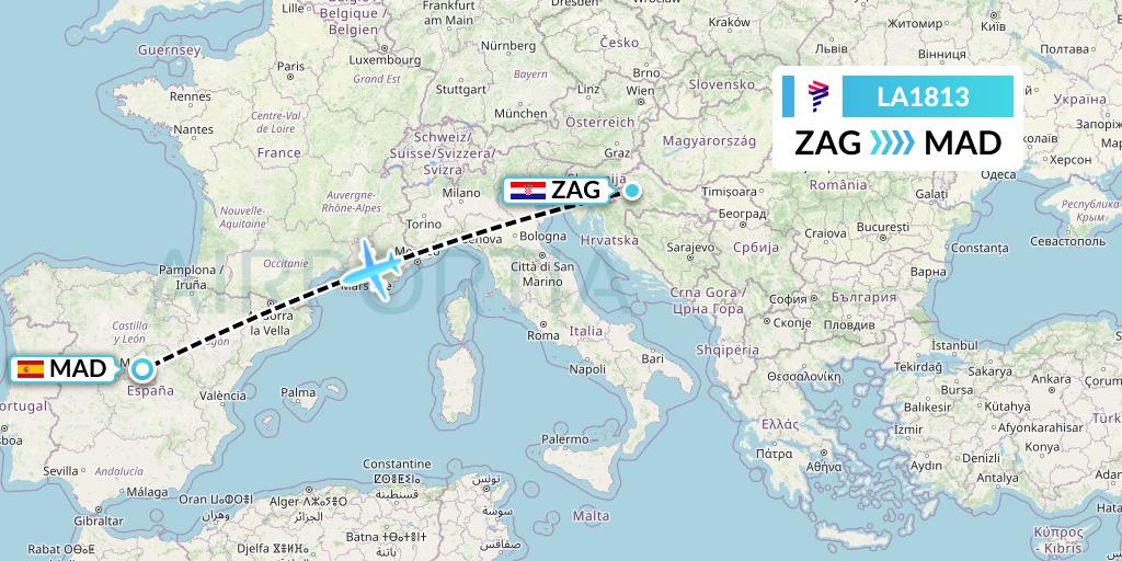 LA1813 LAN Airlines Flight Map: Zagreb to Madrid