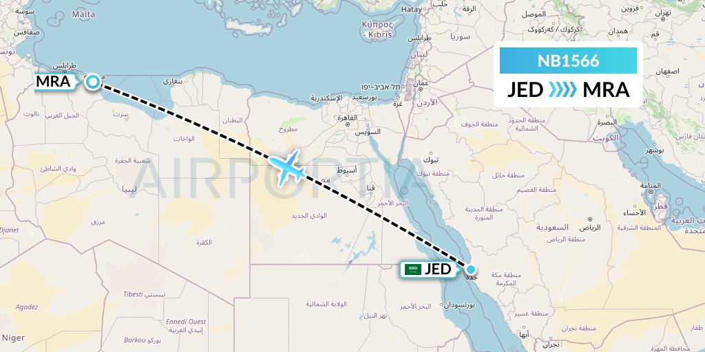 NB1566 Berniq Airways Flight Map: Jeddah to Misrata